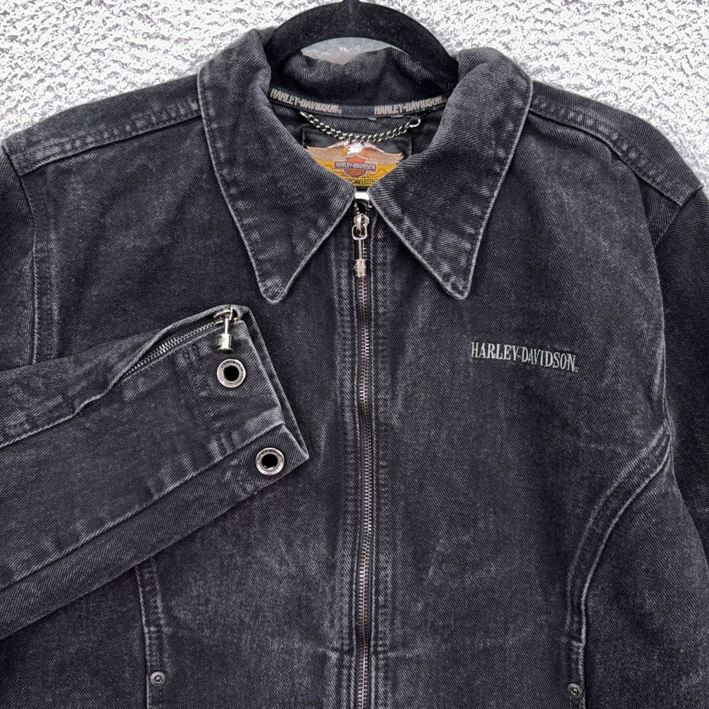 Harley-Davidson Jacket Womens L Faded Black Denim Zip Biker Winged Logo Rugged - Picture 1 of 9